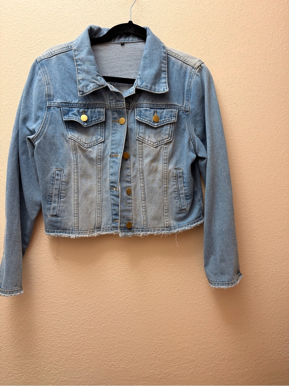 Source Unknown Light Blue Cropped Denim Jacket with Frayed Hem